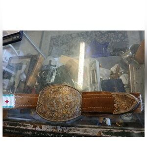 Sterling Silver Overlay VOGT Beaded Leather Belt With Overlay Buckle And End